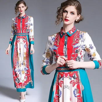 

Fashion Brand Runway Vestidos Women Flower Print 2020 Spring Summer Pleated Chain Floral Dresses Elegant Long Sleeve Maxi Dress