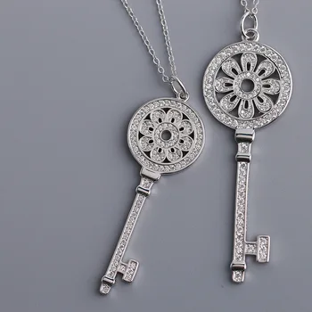 

DOYUBO Women's Antique Sterling Silver Sun Flower Key Pendant Necklace Real 925 Silver Zircon Key Charms Chains Jewelry VA175