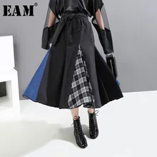 [EAM] высокая эластичная талия, черная клетчатая юбка с разрезом, женская мода, новинка, весна-осень, 19A-a508