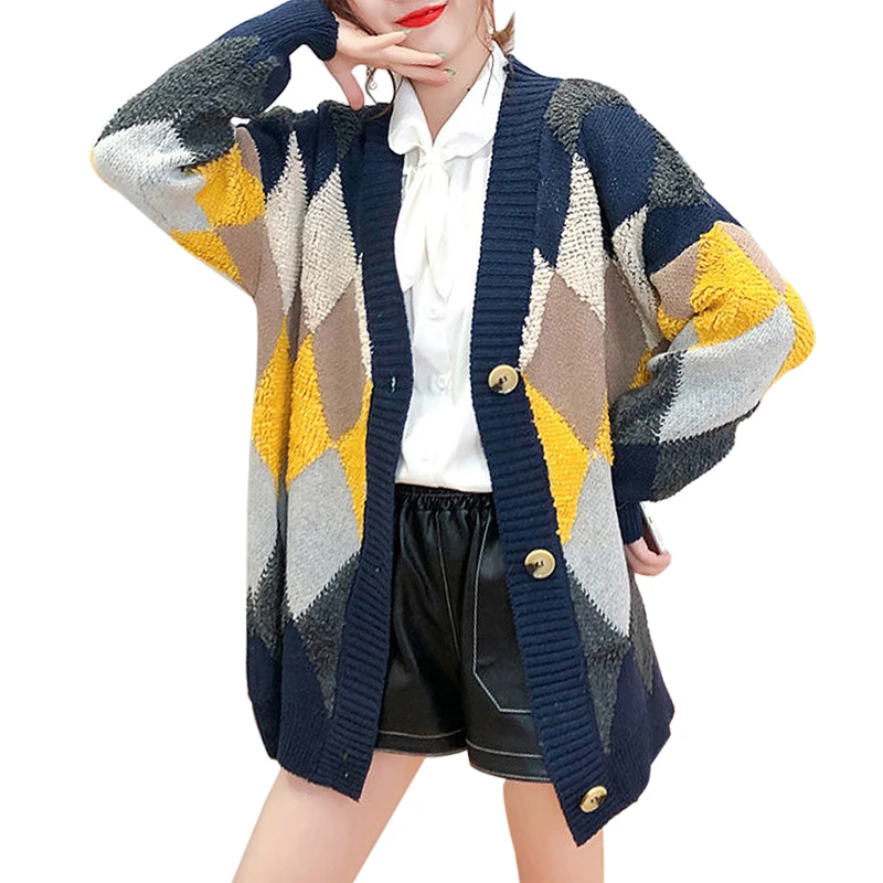 Женский свитер куртка негабаритный вязаный кардиган свободные клетчатые Джемперы Корейская одежда халат Длинное Пальто Sueter Feminino - Цвет: B3
