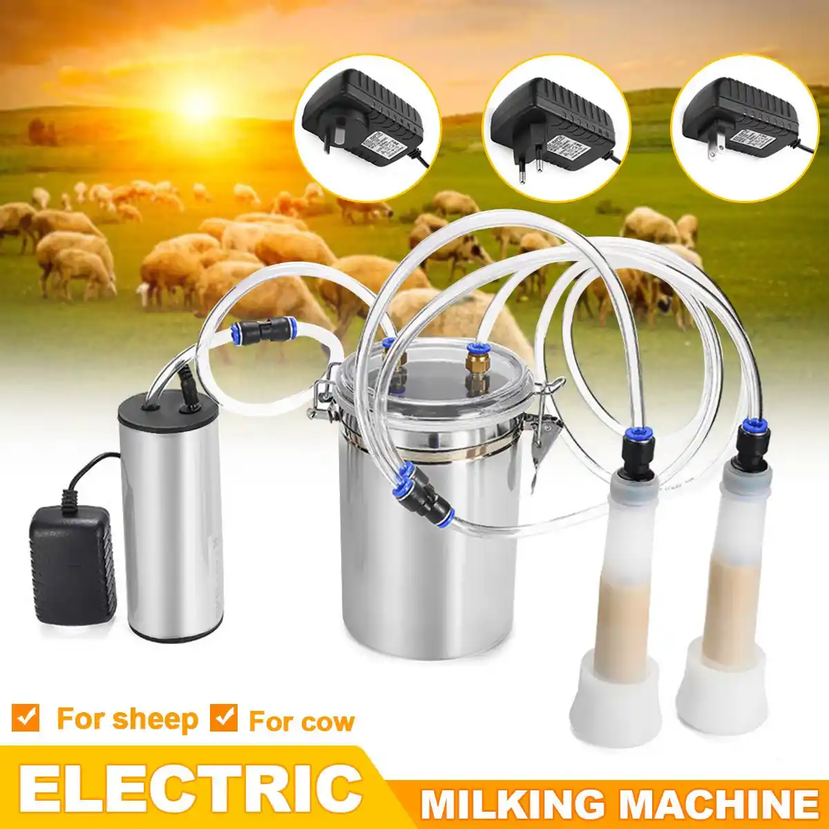 2L Double Head Electric Milking Machine Cow Sheep Goat Milker Stainless Barrel