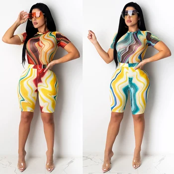 

Print Short Sleeve Bodysuit Biker Shorts 2 Pieces Set Summer Women Fashion Streetwear Outfits Tracksuit