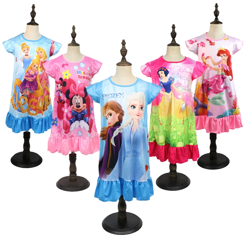 Disney Snow White Princess Dress Girl Summer Clothing Kids Frozen 2 Elsa Children Minnie Mouse Rapunzel Cinderella Jasmine Sofia cute baby sleepwear