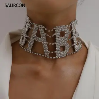 

Salircon Exaggerated Rhinestone Crystal Choker Necklace Hip Hop Letter BABE Necklace for Women Silver Color Statement Jewelry