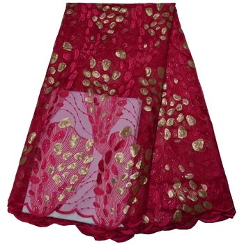 

(5yards/lot) beautiful fushia pink African French net lace fabric with embroidery and gold sequins for party dress PL233