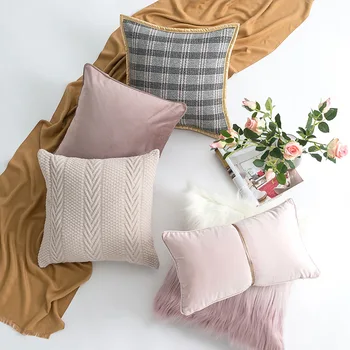 

light luxury pink velvet cushion cover decorative pillowcase lattice pattern pillow cover white pink fur cushion cover set