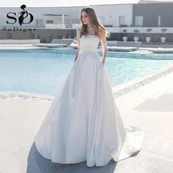 SoDigne Vintage Sequin Satin Wedding Dresses 3/4 Long Sleeves Butons Country Bridal Gowns With Pockets Bride Dress