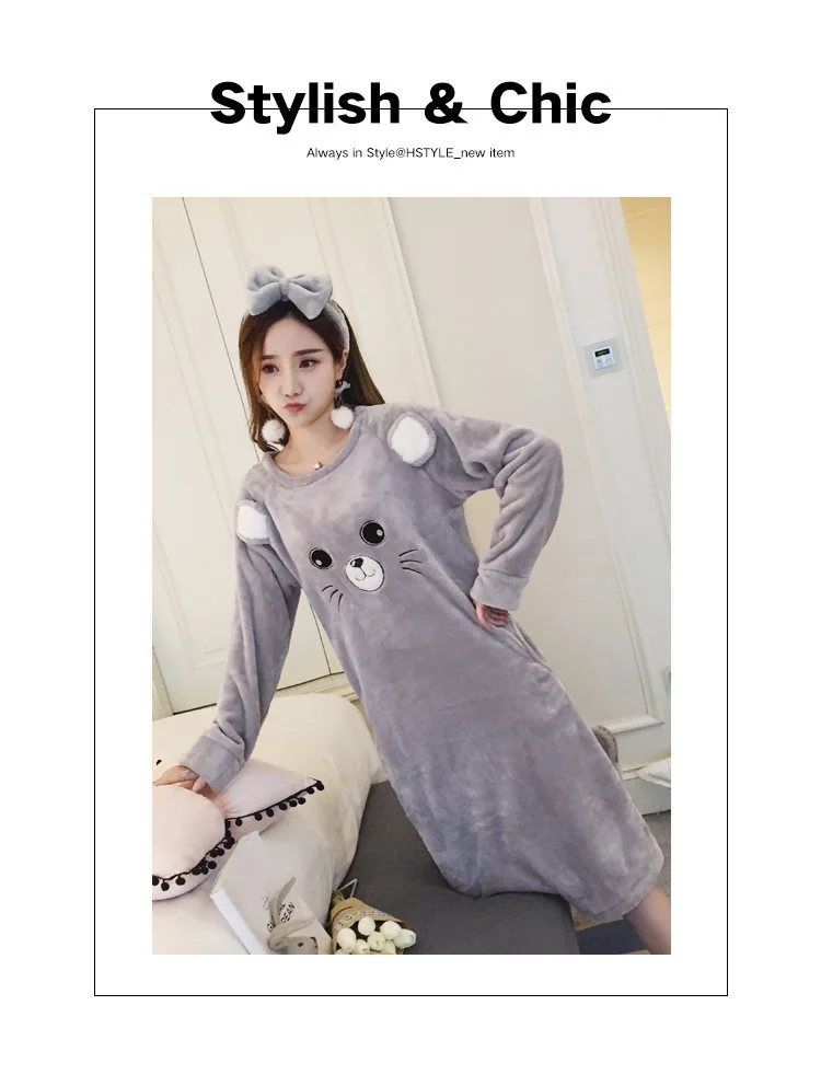 New Style Winter Women's Flannel Cartoon Gray Little Mouse Nightgown