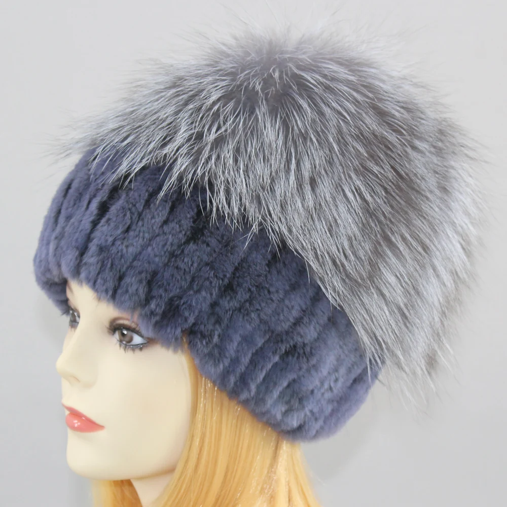 Хорошая эластичная зимняя шапка из натурального меха женская натуральный настоящий мех кролика& натуральная черно-бурая лиса меховая шапка женская Высококачественная меховая шапка