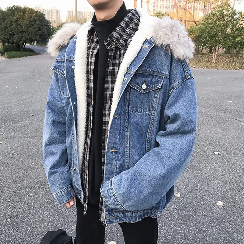Liketkit мужские зимние джинсовые куртки с капюшоном 2019 одноцветные винтажные