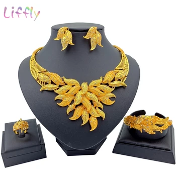 

African Fashion Jewelry Sets Women Gold Necklace Leaf Bracelet Earrings Ring Wedding Charm Bridal Jewelry Set