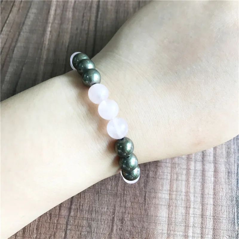8MM Runde Perlen Pyrit & Rosenquarz Armband Mode Yoga Meditation Armbänder Handgelenk Armband Mädchen oder Junge Geschenk