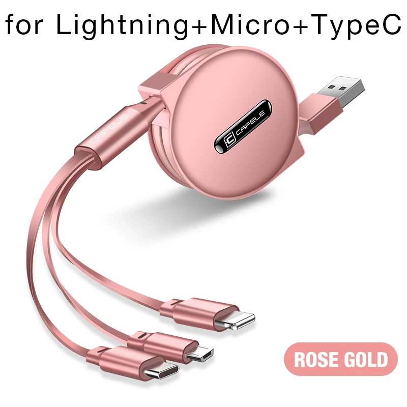 USB+ type-C 3 в 1 Выдвижной USB кабель для iPhone Micro usb type C плоский кабель Быстрая зарядка для iPhone кабель+ Micro - Цвет: L-M-T-Rose Gold