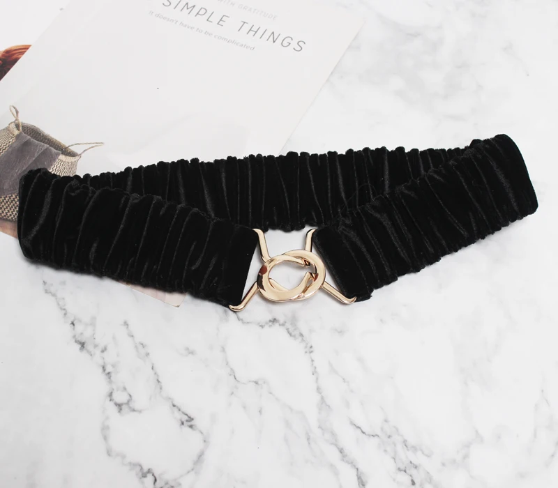 black SeeBeautiful New Fashion Autumn Winter Simple Metal Buckle Gold Velvet Cloth Elastic Girdle Waist Seal Belts Woman Q385 - Цвет: black