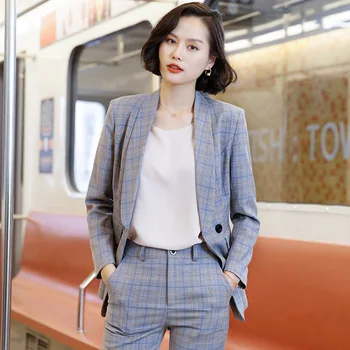 

Casual Two Piece Sets Plaid Formal Pant Suit Blazer Office Lady Belt Pant Suit Notched Collar Blazer Suits Female Sets