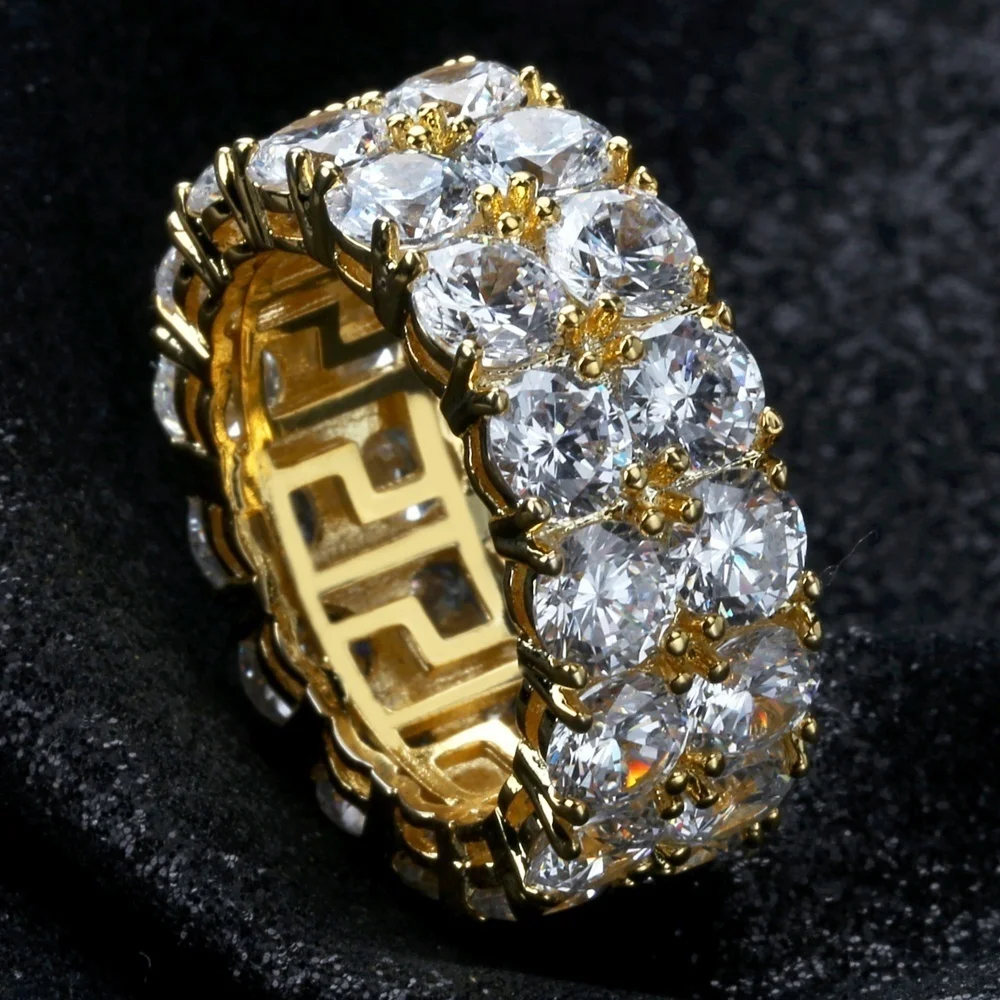 CZ Solitaire кольцо для мужчин/женщин золото/серебро Цвет Iced Out Шарм круглое кольцо Группа 2 ряда классические хип-хоп ювелирные изделия для подарков