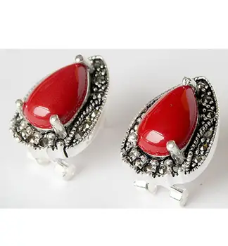 

Hot Sell VINTAGE 925 STERLING SILVER RED CORAL MARCASITE STUD EARRINGS 15X19MM