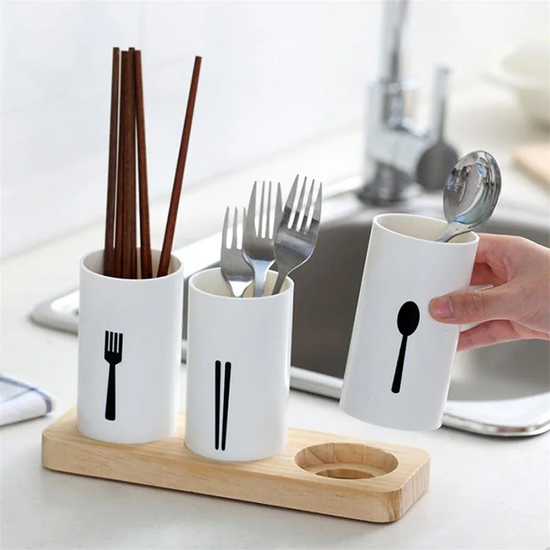 Пластиковая простая коробка для хранения столовой посуды дубовая основа палочки для еды ложка нож вилка может кухня водослива Настольный стеллаж для столовых приборов инструмент для хранения