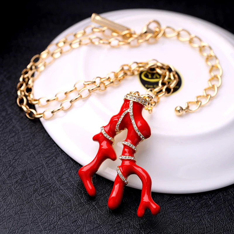 BALANBIU Кристалл Эмаль Глазурь красная Коралловая Подвеска Ожерелье для женщин подарок золотой цвет длинная цепь Новая мода ювелирные изделия оптом