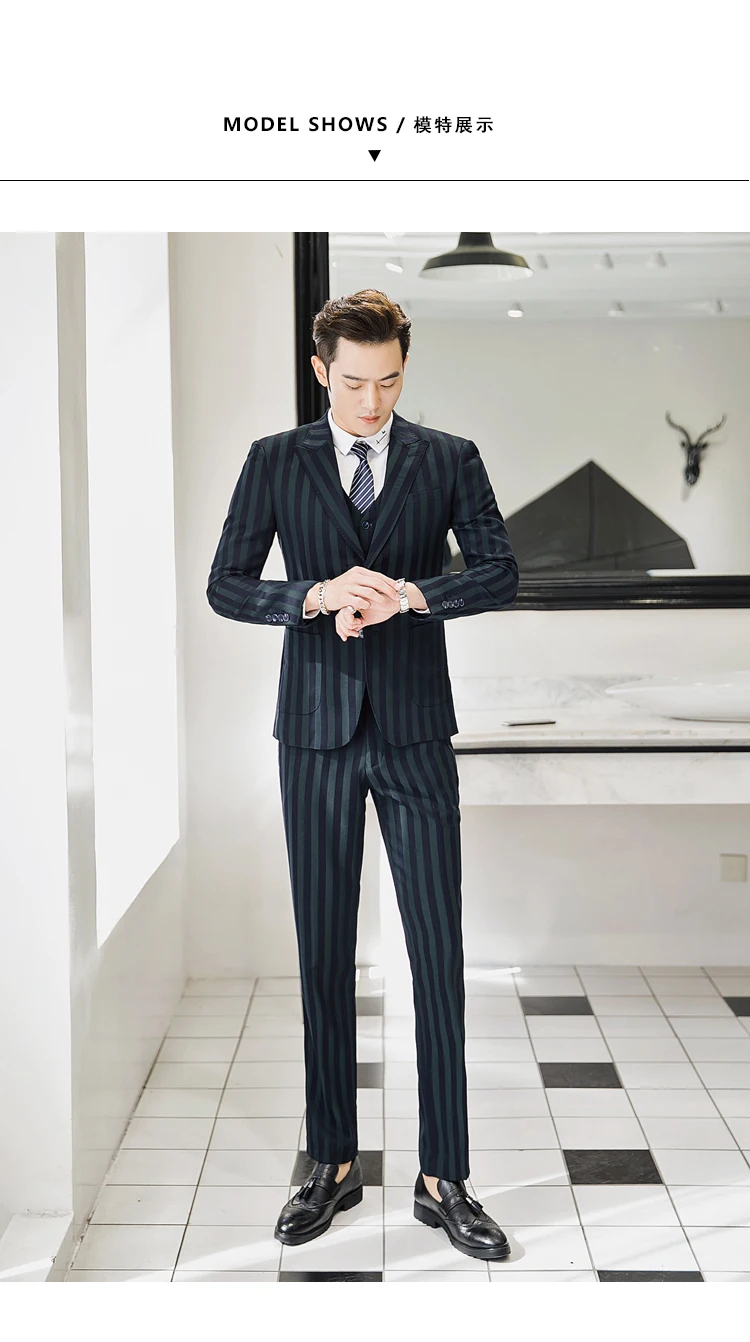 Casual Striped Suit Men korean Green business wedding Slim Fit mens suits costume homme 3 piece Plus Size 5XL blazers suit