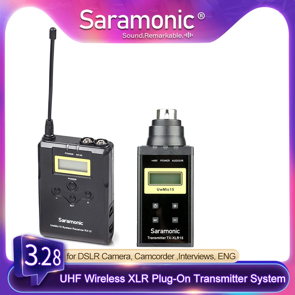Saramonic uwmic15b 16-channel uhf sem fio xlr plug-on sistema de transmissor para dslrs, mirrorless & video entrevistas, eng