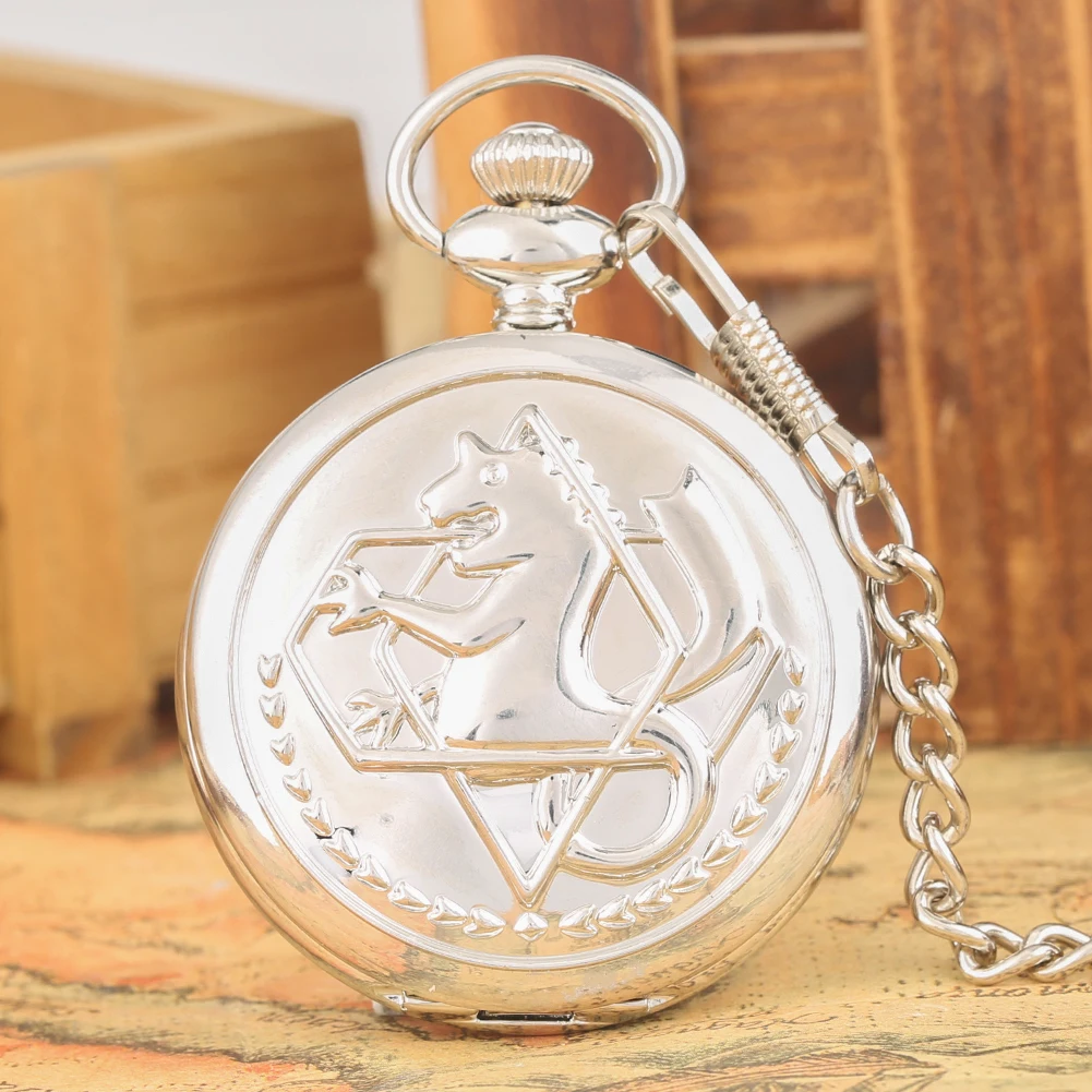 

Full Metal Alchemist Pocket Watches for Men Unique Antique Silver Quartz Necklace Chain Pocket Watch Alloy Pendant Watch