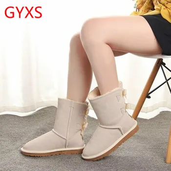 

2019 new GYXS Snow Boots, Mid-tube Butterfly Knot Girls Large Size Warm and Skid-proof Winter Boots