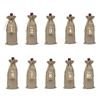 

10pcs/set Drawstring Bottle Bag Burlap with 1-10 Number Label Champagne Red Wine