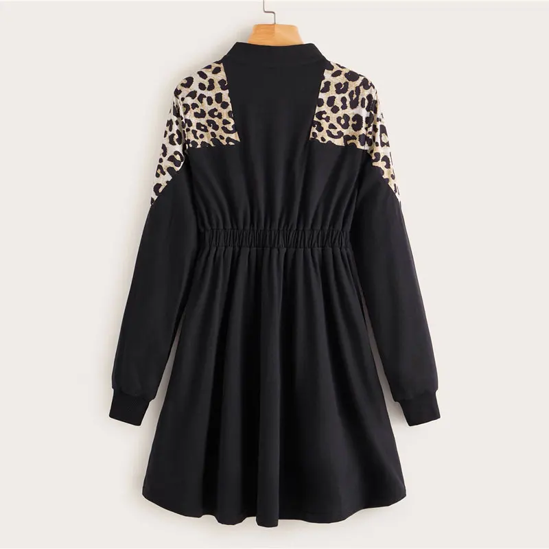ROMWE с полумолнией контрастный Леопардовый принт платье-Толстовка женское повседневное стоячий воротник Длинный свитшот эластичный пояс осеннее черное платье