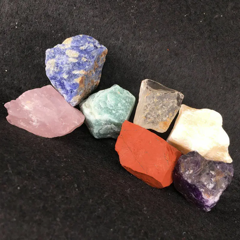

7 Stones Chakra Set Seven Medium Rough Natural Raw Crystal Kit & Pouch
