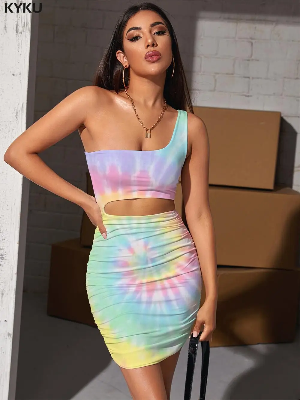 

KYKU Tie Dye Dress Women Dizziness Halter Sleeveless Harajuku Bodycon Dress Colorful 3d Print Womens Clothing Club Beach