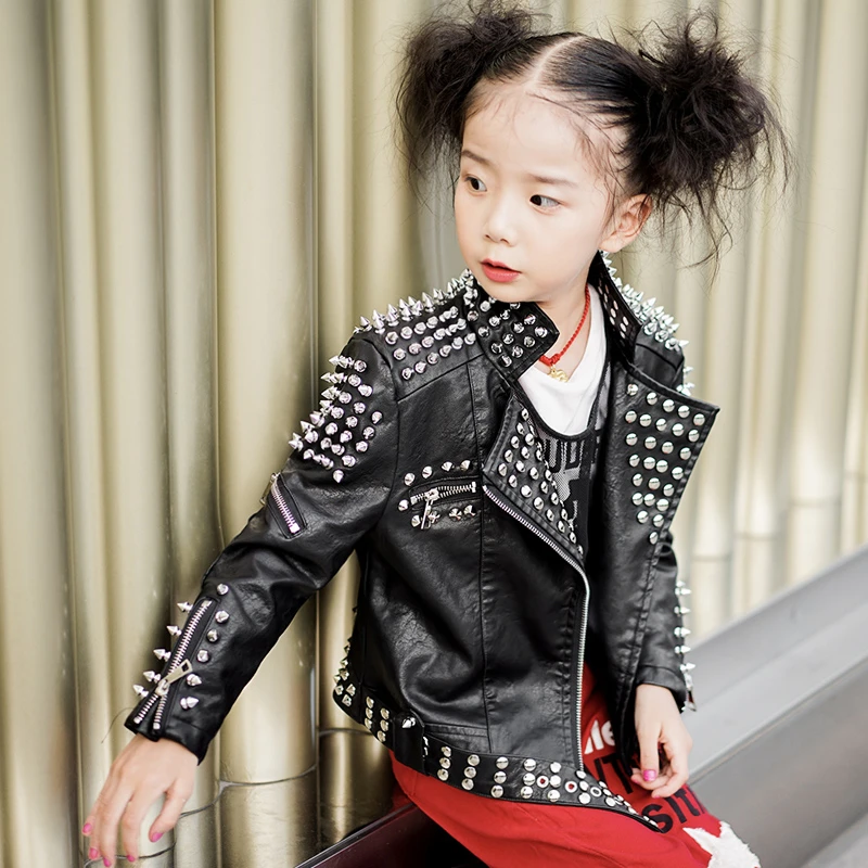 Chaqueta de cuero PU para niña, ropa espectáculo de locomotora Punk con remaches, prendas de vestir de motocicleta para disfraz de rendimiento de moda para niños|Chaquetas y abrigos| - AliExpress