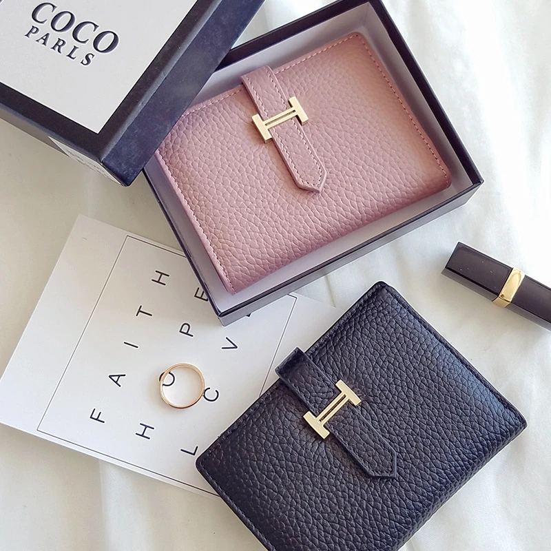 Billeteras de cuero genuino para mujer, monedero pequeño y delgado con cierre, tarjetero de marca de lujo