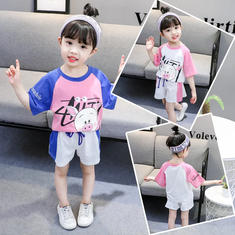 

Pig Delicacy GIRL'S Set 2019 Summer Children Baby Girls Short Sleeve Pants Set Cute Sweet Two-Piece Set Fashion