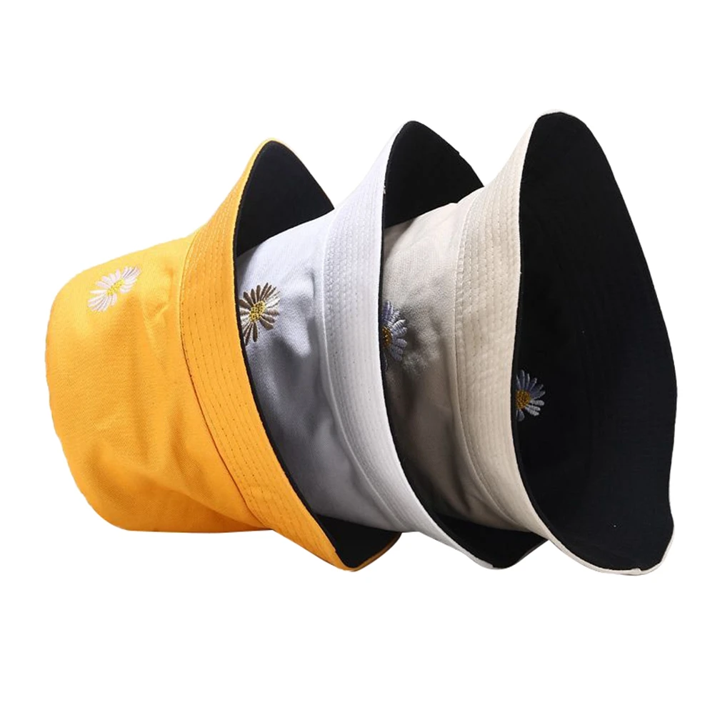New Fashion Cow Print/ Daisy Embroidery Hat White Black Bucket Hat Reversible Fisherman Caps Summer Cool Hats For Women Gorras