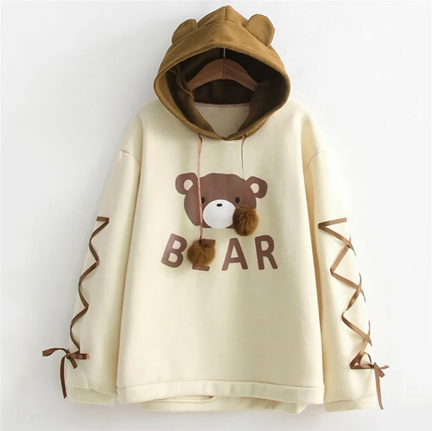 Harajuku Kawaii Bear Print Ear Hoodie Sweatshirt Women Girls Teens Lace Ribbon Long Sleeve Pullover Coat Jumper | Женская одежда
