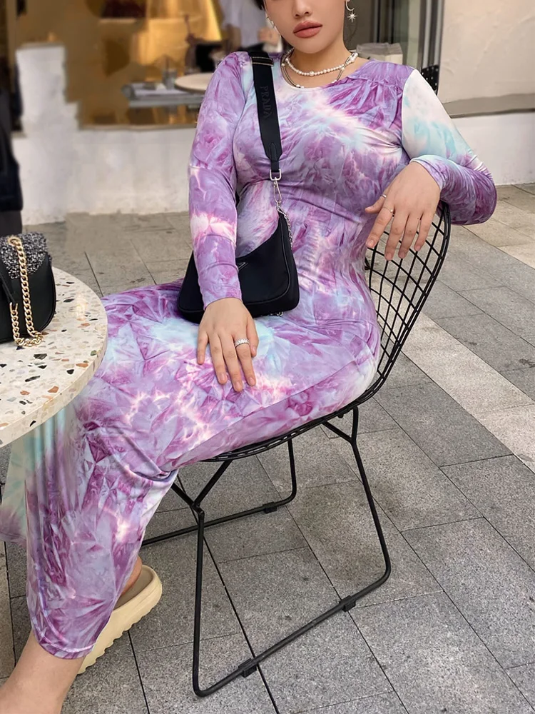 

Sexy Women Full Sleeve O neck Tid Dye Print High Stretch Slim Bodycon Long Maxi dress Female Patry Dress Vestido