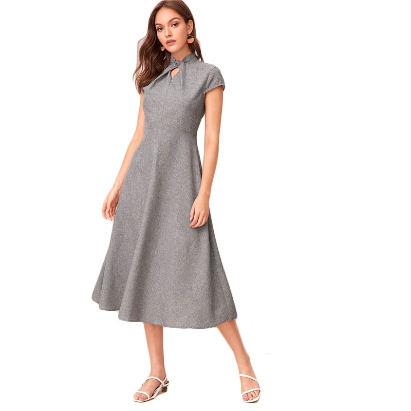 SHEIN, серое, с вырезом, с закручивающимся спереди, с коротким рукавом, расклешенное длинное платье для женщин, летнее, с воротником-стойкой, на молнии, сзади, элегантное платье трапециевидной формы