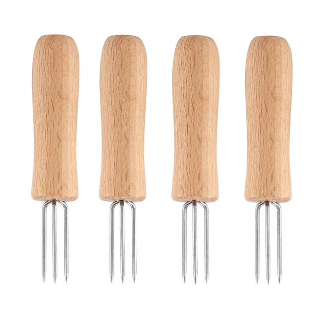 4 Darab Rozsdamentes Acél Kukoricatartók Fa Fogantyú Kézi Nyárs Kültéri Bbq Anti Scurding Forks Kerti Piknik Főző Szerszámok