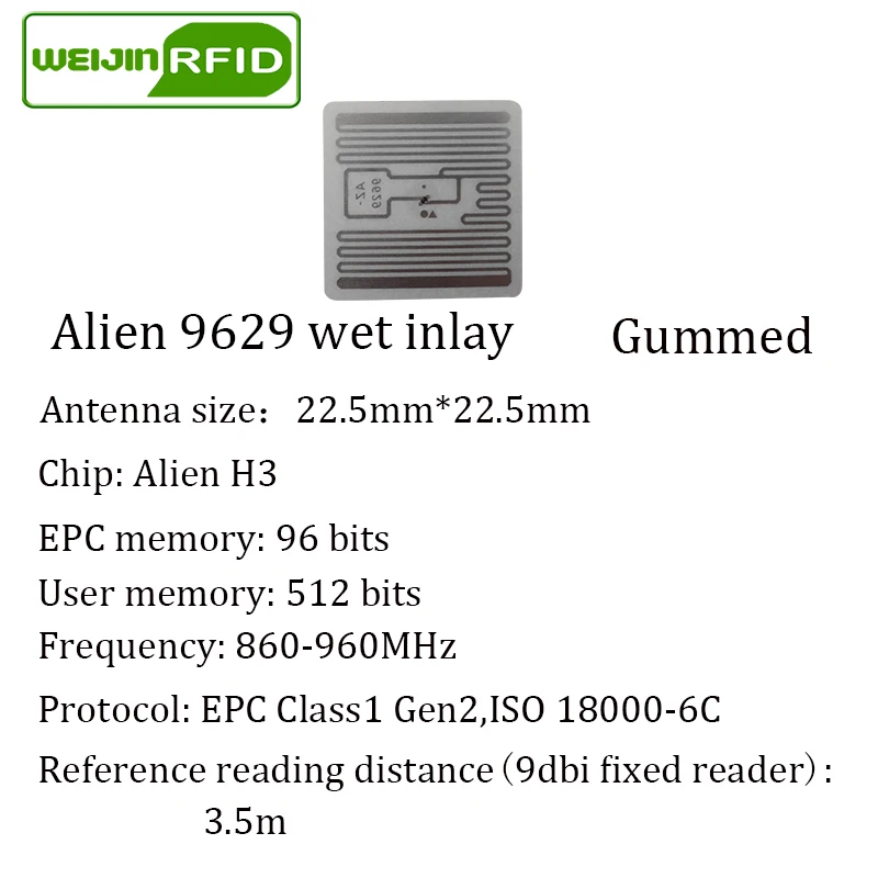 RFID метка UHF наклейка Alien 9629 EPC 6C влажная инкрустация 915mhz868mhz860 960MHZ Higgs3 500 шт