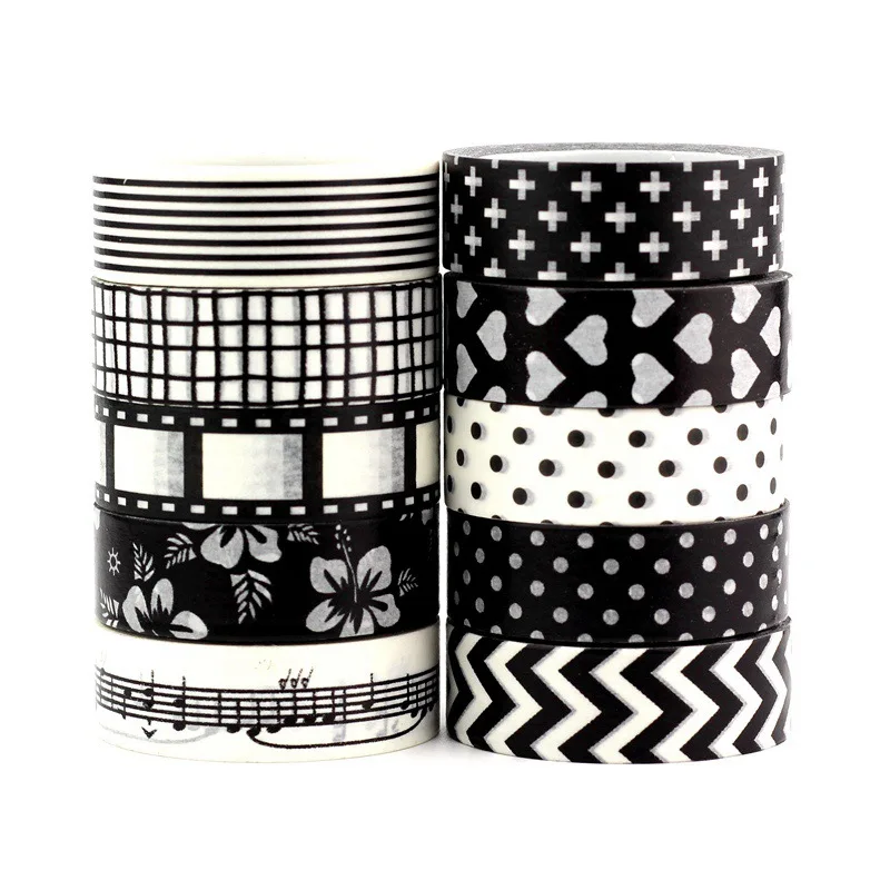 10PCS/lot Decorative Mix 10pcs Real Black and White Washi Tapes Japanese Paper DIY Planner Adhesive Masking Tapes Stationery