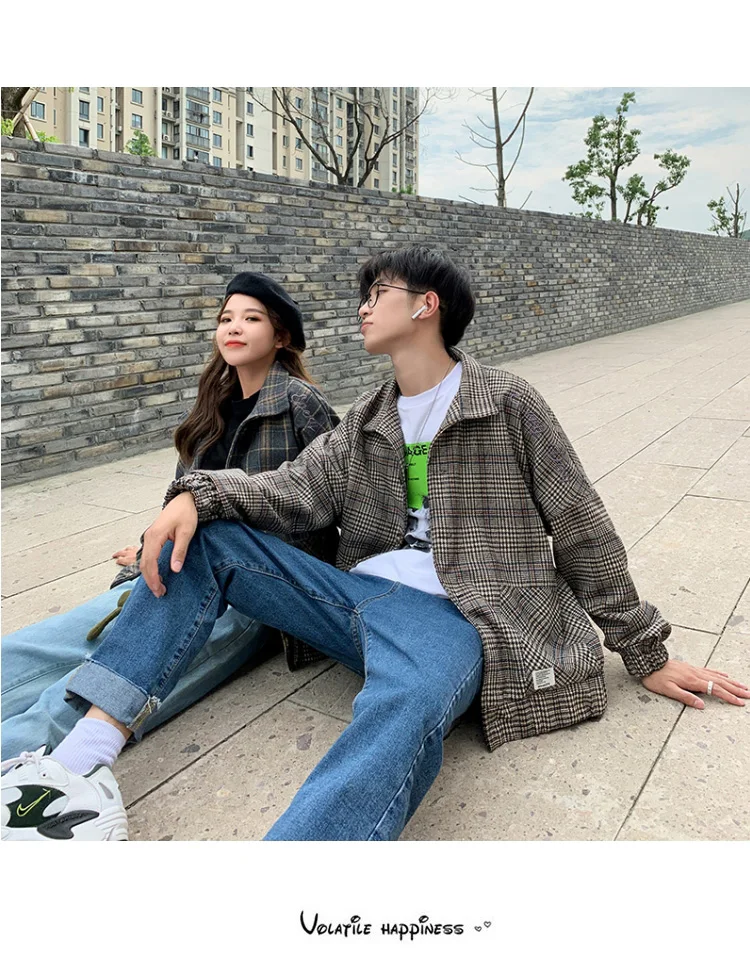 Korean Men Women Plaid Jackets Shoulder Letter Embroidery lovers Coats Autumn Winter Man Jacket Casual Clothes Plus Size