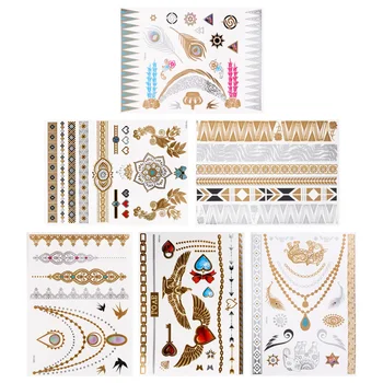 

6 Sheets Metallic Fake Tattoos Flash Golden Temporary Waterproof Tattoos Sticker