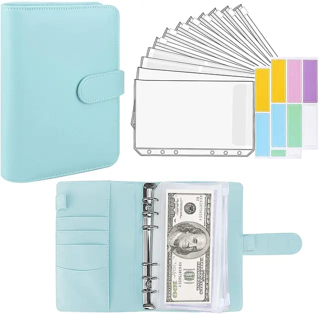 15 Pieces Binder Budget Planner Cash Envelope Binder with Budget Envelopes A6 Binder Pockets Cash Envelope Wallet for Budgeting Light Blue-14pcs