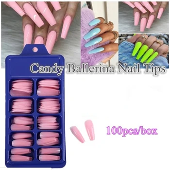 

100pcs Professional Fake Nail Tips Coffin Long Ballerina Full Cover Nail Art 10 Sizes Pink Press On Nails Manicure Soft Box