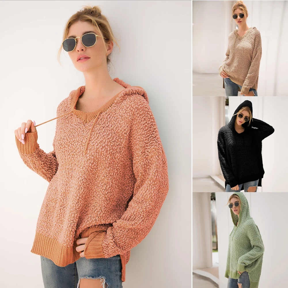 Women Pullovers Sweater Winter Crew Neck Cotton Solid Hooded Warm Casual Loose Long Sleeve Tops Coat Clothing | Женская одежда