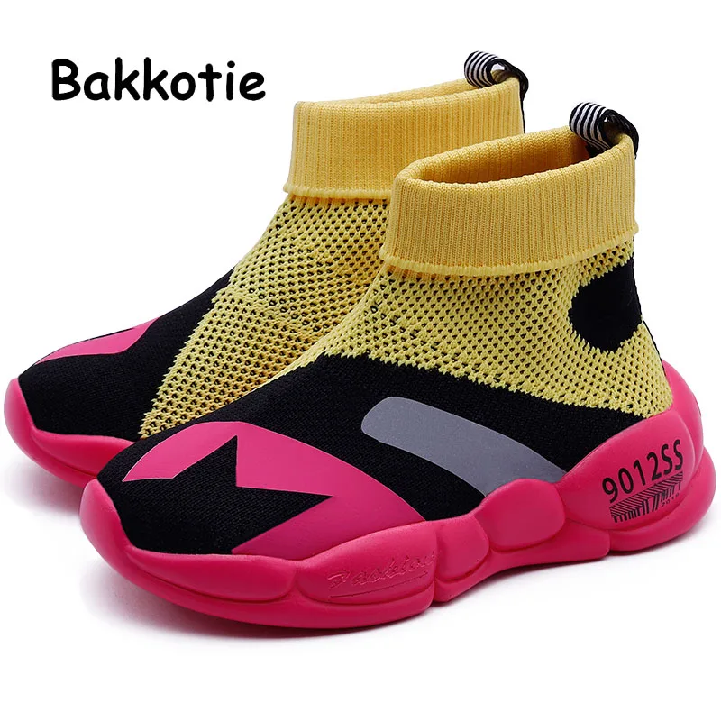 Bakkotie летние новые модные высокие кроссовки для девочек для маленьких мальчиков Светоотражающая спортивная обувь детская дышащая мягкая брендовая повседневная обувь