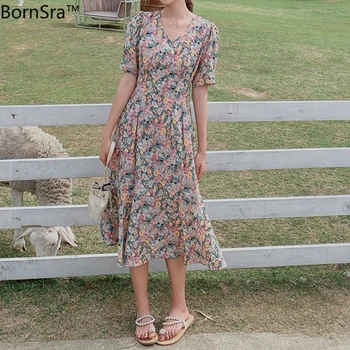 

Bornsra 2020 Summer Dress A-Line Casual Mid-Calf Ruffles Women Dress Short Print Dress Vintage Female New Dress Empire