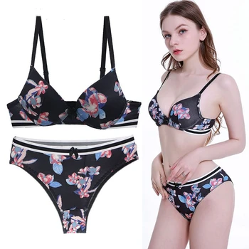 

Sexy Vintage Bras Set Flowers Printed Underwire Bras Set Women Push Up Lingerie Panties Underwear Bralette Briefs нижнее белье