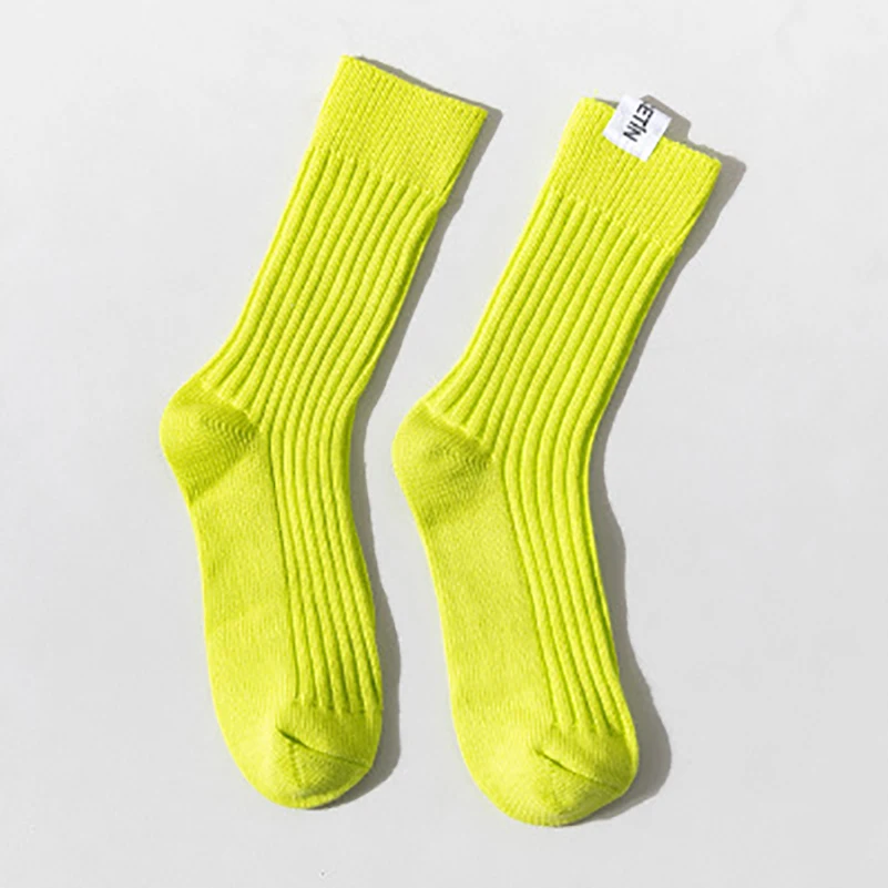 Fluorescent green Новые трендовые цветные хлопковые носки в стиле Харадзюку в стиле ретро; зимние носки без пятки в Корейском стиле; цвет красный, синий, черный, оранжевый; дизайнерские свободные плотные милые носки - Цвет: Fluorescent green